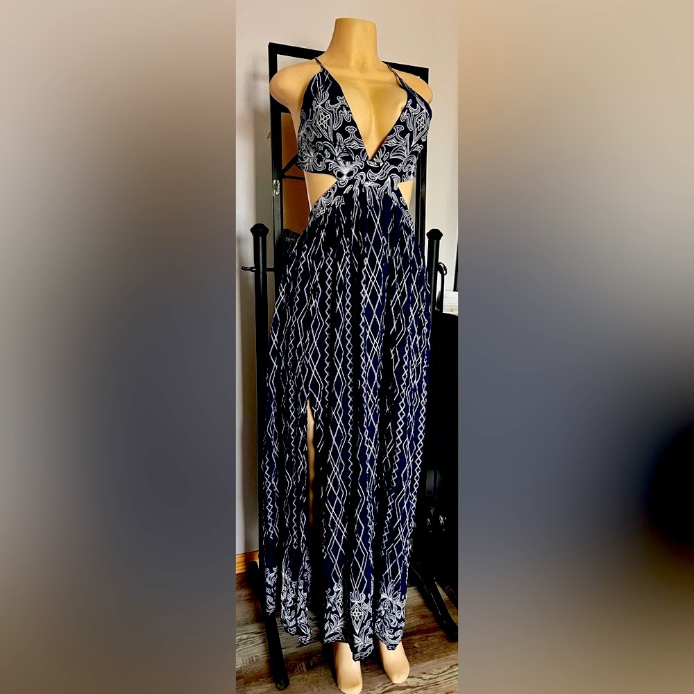 Vibes bohemian Navy and White Patterned A-Line Dress